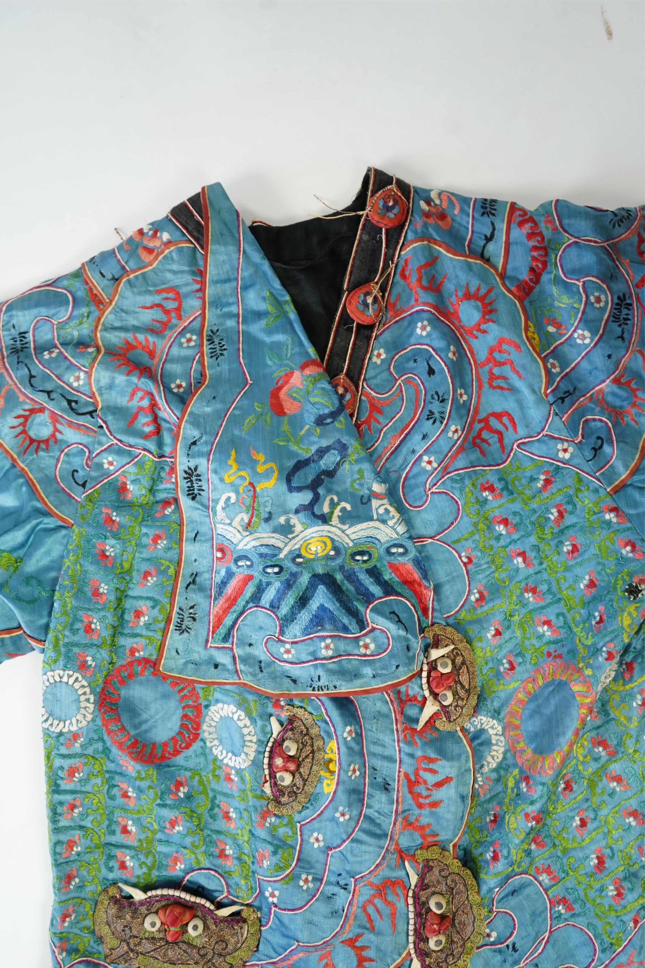 An unusual late 19th early 20th century Chinese silk embroidered robe, made for the tiger role, Jing, who symbolises power, bravery, protection and royalty. A character often used in Chinese opera, theatre and performing